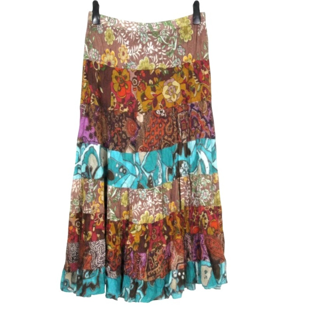 PLANET GOLD Multicolor PATCHWORK Boho Hippie A-LINE TIERED MAXI SKIRT Sz L